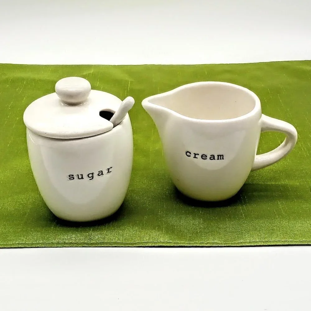 California Pantry White Ceramic Creamer Covered Sugar Bowl & Spoon